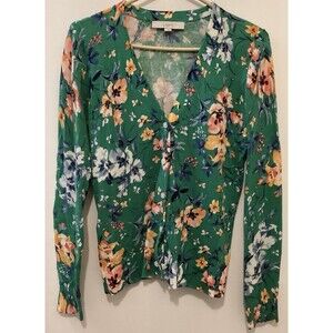 LOFT Kelly green floral v-neck button front cardigan lightweight sweater Small